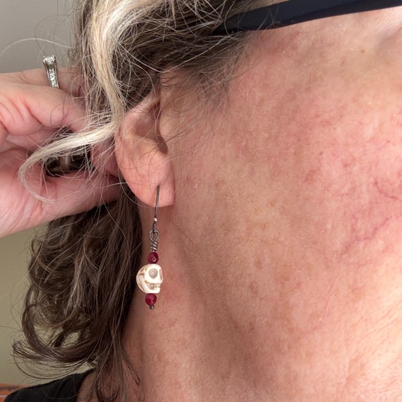 Handmade Skull & Ruby Earrings – Darkened Sterling Silver Gothic Chic - Picture 3 of 3